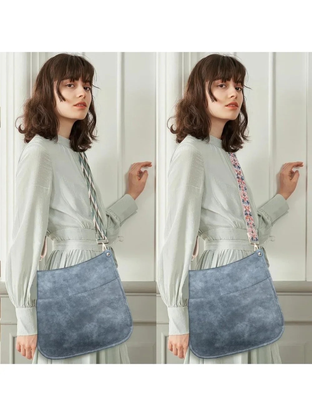 Women's Blue Leather Small Crossbody Bag Wide Guitar Strap Shoulder Purse